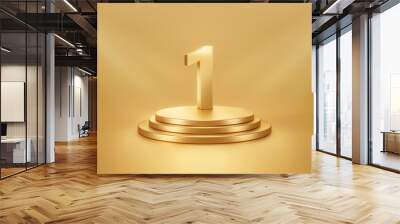 Gold winner first place champion podium award stage background of success best victory number one symbol competition pedestal or golden presentation 3d stand and first achievement ceremony position. Wall mural