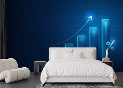 Growth business graph percentage chart success diagram on financial investment 3d background with digital trade market stock concept or profit economy analysis marketing and increase strategy price. Wall mural