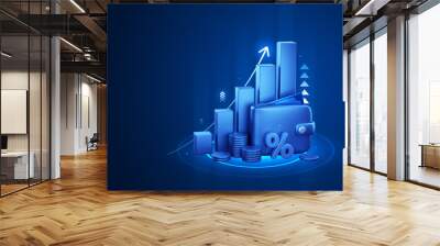 Growth money graph digital wallet bank payment cash coin 3d background of banking finance business wealth credit currency exchange success online arrow profit financial economy earning technology. Wall mural