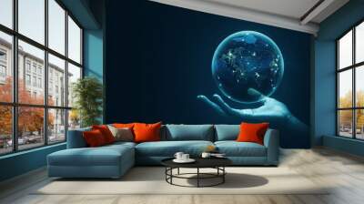 Hand holding global virtual internet world connection of metaverse technology network digital communication and worldwide networking on connect 3d background. Elements of this image furnished by NASA. Wall mural