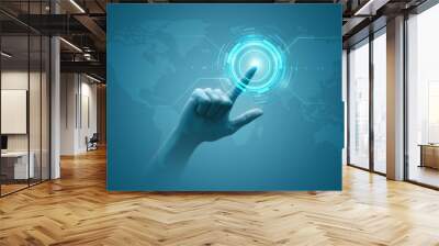 Hand touch virtual digital technology global communication of futuristic business network connection or innovation intelligence hologram interface and future worldwide internet on connect background. Wall mural