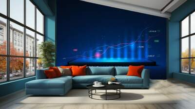 Market chart of business glowing stock graph or investment financial data profit on digital tablet screen display background with diagram exchange information. 3D rendering. Wall mural