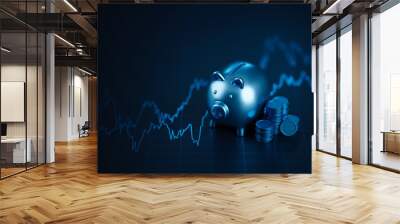 Money piggy bank on banking investment stock financial business graph 3d background of economy finance coin savings profit cash currency and growth exchange trade chart deposit wallet account concept. Wall mural