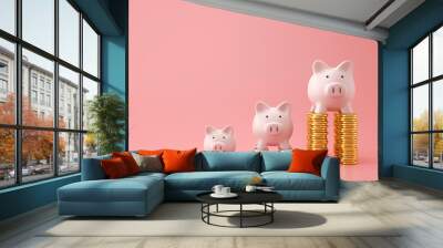 Piggy bank and golden stack coins of three level graph on pink background with saving money concept. Financial planning for the future. 3D rendering. Wall mural