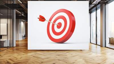 Red arrow aim to business target goal hit success center accuracy competition symbol or strategy dartboard and winner bullseye archery isolated on white 3d background icon with marketing achievement. Wall mural