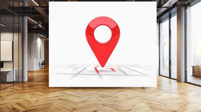 Red location symbol pin icon sign or navigation locator map travel gps direction pointer and marker place position point design isolated on white graphic road mark destination background. 3D render. Wall mural