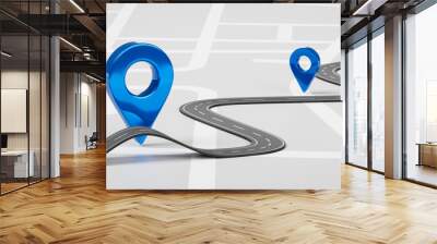 Road map of blue location pin icon symbol or gps travel route navigation marker and transportation place pointer direction street sign on city background with transport destination way. 3D render. Wall mural