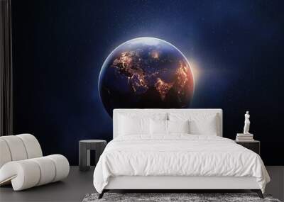 World global planet of night earth globe map or abstract geography continent light city and worldwide astronomy universe in 3d space background with science cartography. Earth image provided by NASA. Wall mural