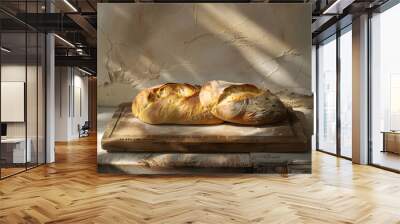 two fresh breads sit on top of a wooden board ai generative Wall mural