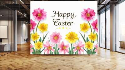 A vibrant Easter-themed illustration featuring pastel-colored eggs adorned with floral patterns, surrounded by blossoming flowers and foliage. A joyful celebration of springtime in soft, charming colo Wall mural