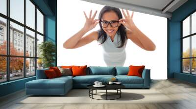 Asian caucasian businesswoman holding her eyeglasses with open palms smiling happy and looking at camera. Dynamic fun high angle view. Isolated on white background in full body. Wall mural