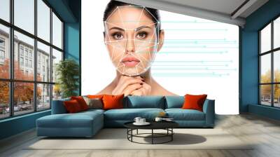 Biometric authentication concept. Facial recognition system of beautiful woman on white background Wall mural