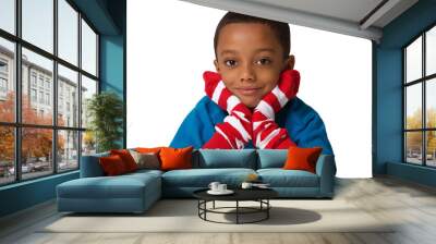 Portrait of a school child boy laying down. Studio shot. Isolated on white background Wall mural