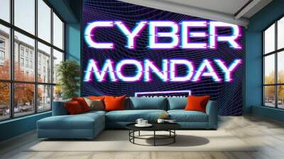 Cyber Monday vector design template. Trendy concept of sale banner for online shopping. Promo text on lines distortion background with glitch effect. Stock illustration Wall mural