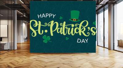 Vector design of St. Patrick’s Day logotype. Hand sketched lettering typography with leprechaun hat and clovers on textured background. Illustration for beer or ale festival poster, flyer, badge, icon Wall mural