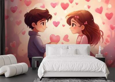 a boy gives a heart to a girl. pink background with pink hearts. illustration.love. valentine's day Wall mural