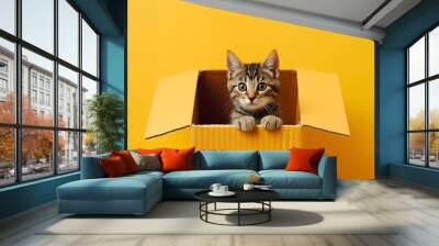 domestic gray tabby kitten sits in an open cardboard box on a yellow background surprise.AI generated. Generative AI Wall mural