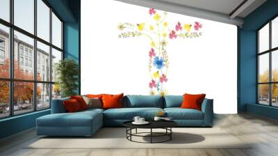 Easter cross made of watercolor flowers isolated on a white background Wall mural