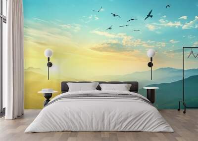 Blue sky, yellow and green mountains at the bright and there were flocks of birds flying in the sky, Ai generate Wall mural