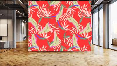 Red vibrant seamless exotic pattern. Tropical design for web and print. Strelitzia flowers, beige and soft green palm leaves on a red background. Modern hand drawn vector pattern design.  Wall mural