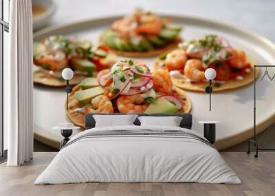 mini tostadas with shrimp and avocado on a white plate . Mesican, Latin American cuisine Wall mural