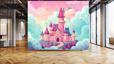 Pink princess castle in the clouds. fairy tale. fantasy. dreams Wall mural