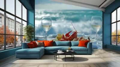 Plate of fresh seafood and wine glasses on table at Seaview Wall mural