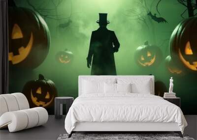 silhouette man in top hat with smoke and pumpkins. Halloween costumes.flyers postcards for parties Wall mural