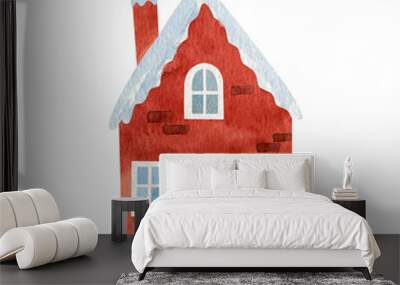 Snow-covered Christmas red house. Watercolor illustration on a white background. Wall mural