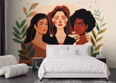 Three Diverse Women Stand United, Portraying Sisterhood, Friendship, and Empowerment Wall mural