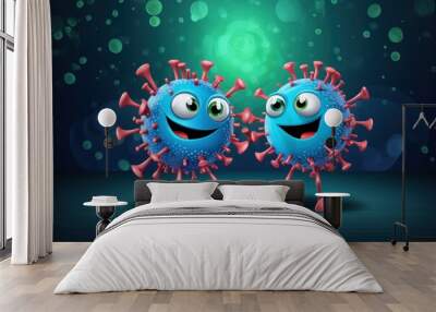 two cartoon virus molecules on a background with green bubbles Wall mural