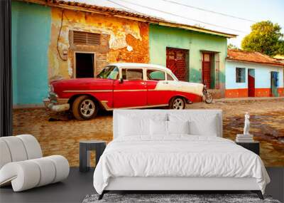 Red Classic Car in the colonial town of Trinidad, Cuba Wall mural