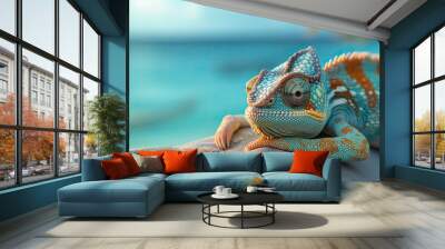 Cute blue chameleon chilling on the tropical palm beach near the ocean coast Wall mural