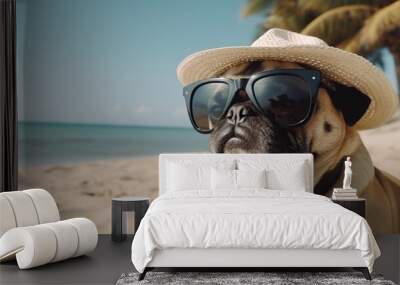 Cute pug in the straw hat and modern sunglasses chilling on the palm beach, vacation illustration with copy space, generative AI Wall mural