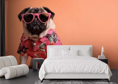 Cute pug wearing in trendy pink sunglasses and hawaiian shirt sitting on orange background with copy space, travel illustration, generative AI Wall mural