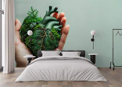 Human hand holding heart of Earth, ecological concept, banner with copy space Wall mural