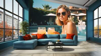 Young beautiful woman in trendy sunglasses with cocktail in the hotel swimming pool, concept vacation illustration with vintage grain effect, generative AI Wall mural