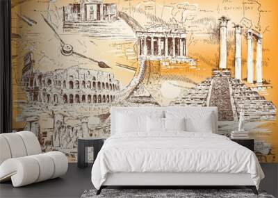 Vector collage of graphic images of the ruins of ancient civilizations and ancient architecture of different peoples and eras.  Wall mural