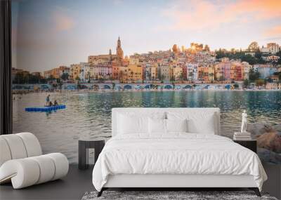 Public beach of Menton old town at sunset Wall mural