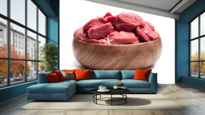 Boneless lamb steak meat in wooden bowl isolated on white Wall mural