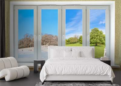 Concept of modern PVC window equally suitable for any seasons Wall mural