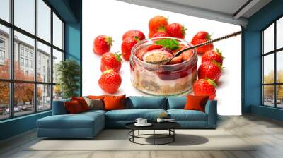 Mini  strawberry cheesecake in a glass pot isolated on white background Wall mural