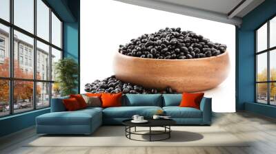 Raw  black beans in wooden bowl isolated on white Wall mural