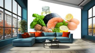 Set of food rich ofomega 3 fats isolated on white Wall mural