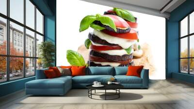 Stack of grilled eggplant with tomato and mozzarella isolated on white Wall mural