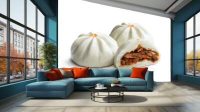 Steamed bao buns with delicious filling isolated on white Wall mural