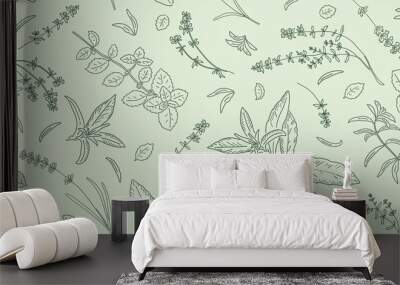 Hand drawn sketch with herbs and plants. Seamless pattern. Wall mural