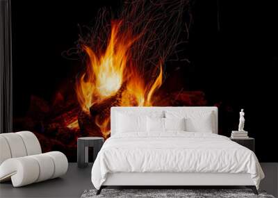 Night campfire with available space. Big bonfire against black background. Sparks of bonfire and fire close up Wall mural