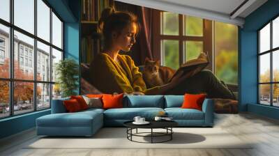 Young woman reading a book by the window with a cat, warm and cozy evening light Wall mural