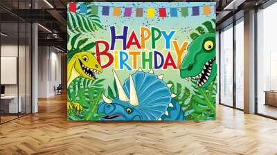 Funny dinosaurs and birthday greetings on colorful background. Wall mural